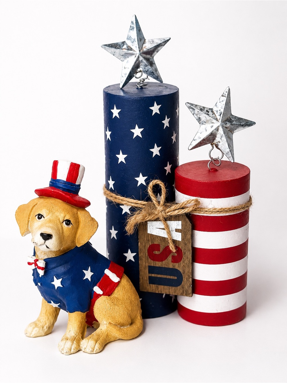 Patriotic Dog Americana Wooden Firecracker Statue Red White Blue Home Dรฉcor